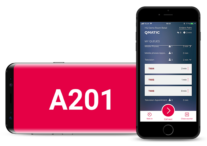 Qmatic Connect Agent user interface shown on two smartphones